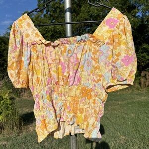 CYNTHIA ROWLEY PASTEL FLORAL PEASANT BOHO RETRO CROP TOP SIZE XS